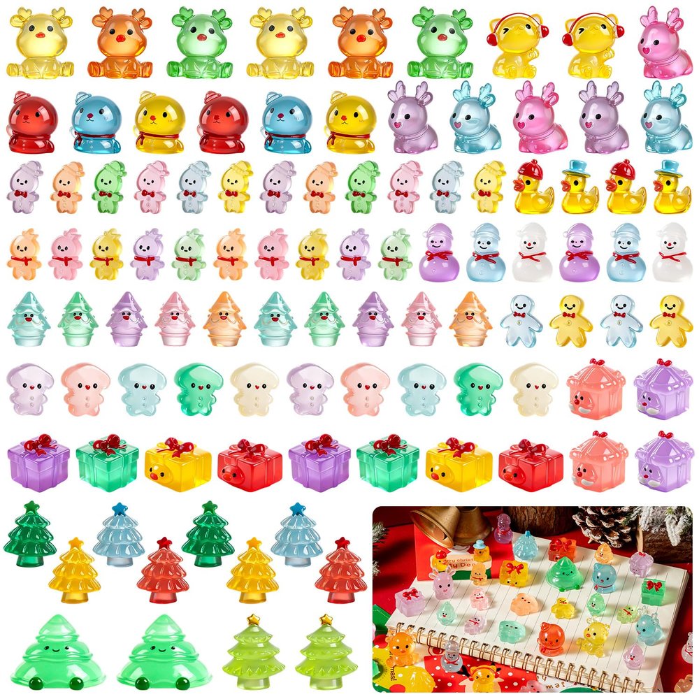 100Pcs Mini Christmas Luminous Figurines, Glow in The Dark Christmas Resin Miniatures Xmas Tree Santa Claus Snowman Reindeer Duck Design for Party Favors Bag Fillers Garden Dollhouse Decor 