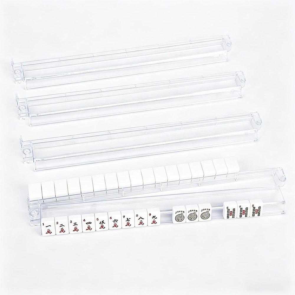 AERFGDE 4PCS Mahjong Racks with Pushers All-in-one,Clear Acrylic Mahjong Rack and Pusher Combo, Modern American Mahjong Tile Racks, Transparent Set of 4 (Transparent White)