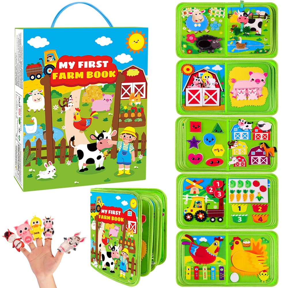 DINSUMRUG Farm Busy Book for Toddlers 1-3, Busy Board Montessori Toys for 1 Year Old Boys Girls Gifts, Educational Quiet Activity Book with Life Skills, Sensory Toys for Toddlers Baby