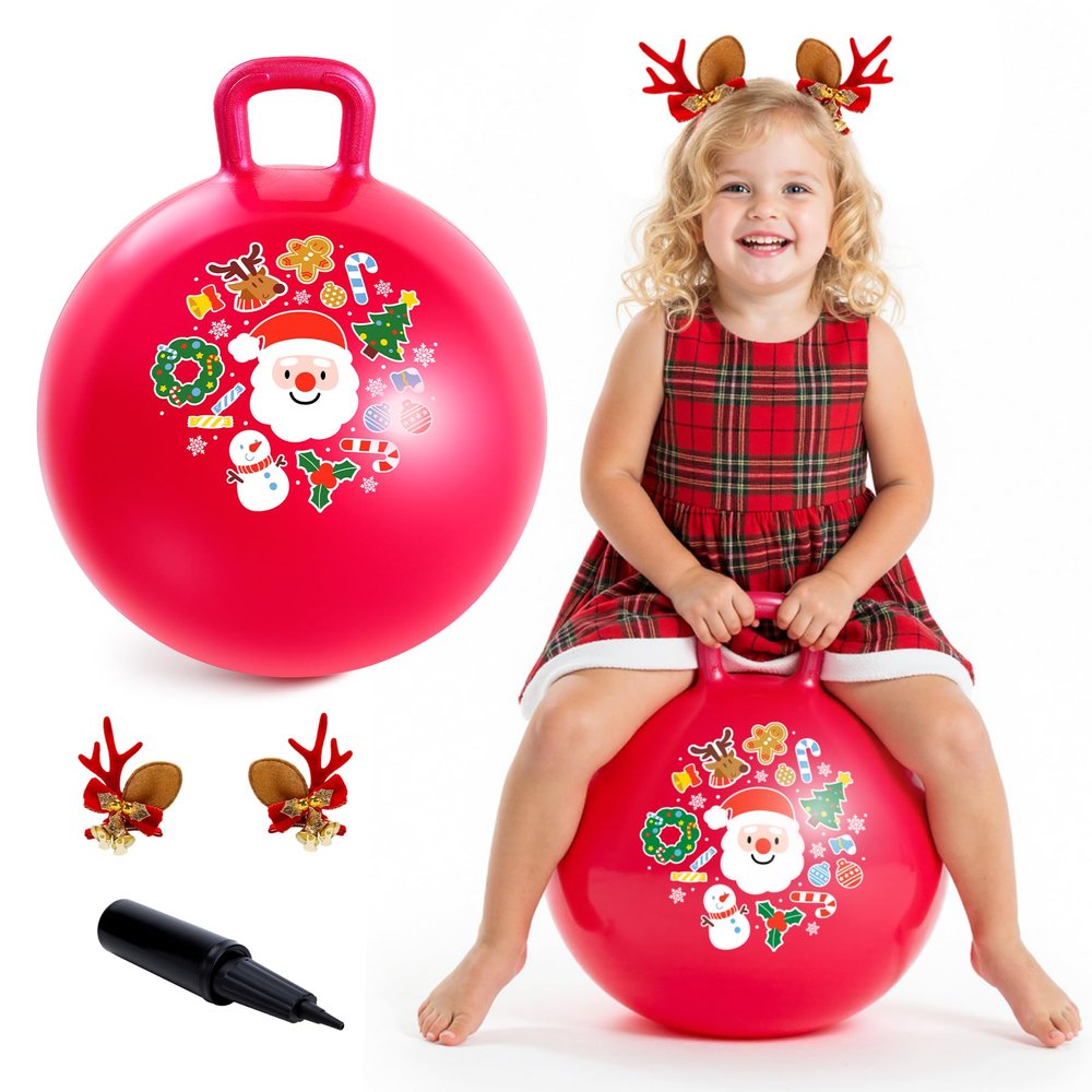 EVERICH TOY Hopper Ball for Kids 18In Sit On Bouncy Balls with Handle for Indoor Outdoor Active Play, Red Christmas Inflatable Boys Girls Gifts for 4 5 6 7 8 Years Old with Christmas Reindeer Ears