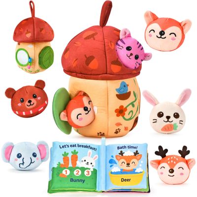 Montessori Toys for 1 Year Old & 612 Months Babies, Sensory Developmental Playset with Acorn House, Plush Animals & Cloth Book, Valentines Day Gifts, Easter Basket Stuffers