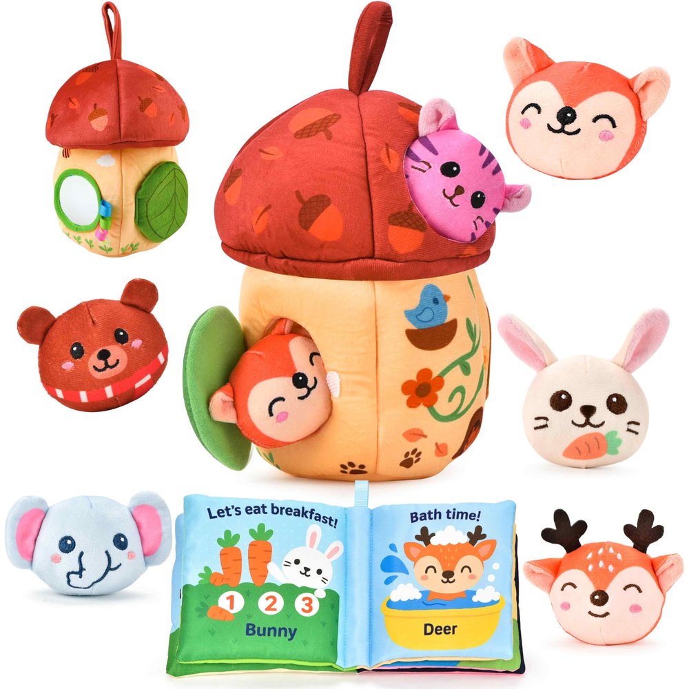 Montessori Toys for 1 Year Old & 612 Months Babies, Sensory Developmental Playset with Acorn House, Plush Animals & Cloth Book, Valentines Day Gifts, Easter Basket Stuffers