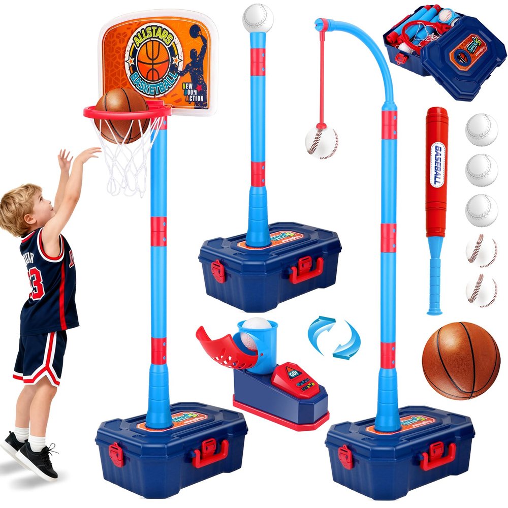 4 in 1 Kids Basketball Hoop and Tball Set for Toddlers 3+, Adjustable Basketball Stand, Hanging Tee Baseball Toy Set, Portable Indoor Outdoor Sports Toys, Birthday for Boys Ages 3-8