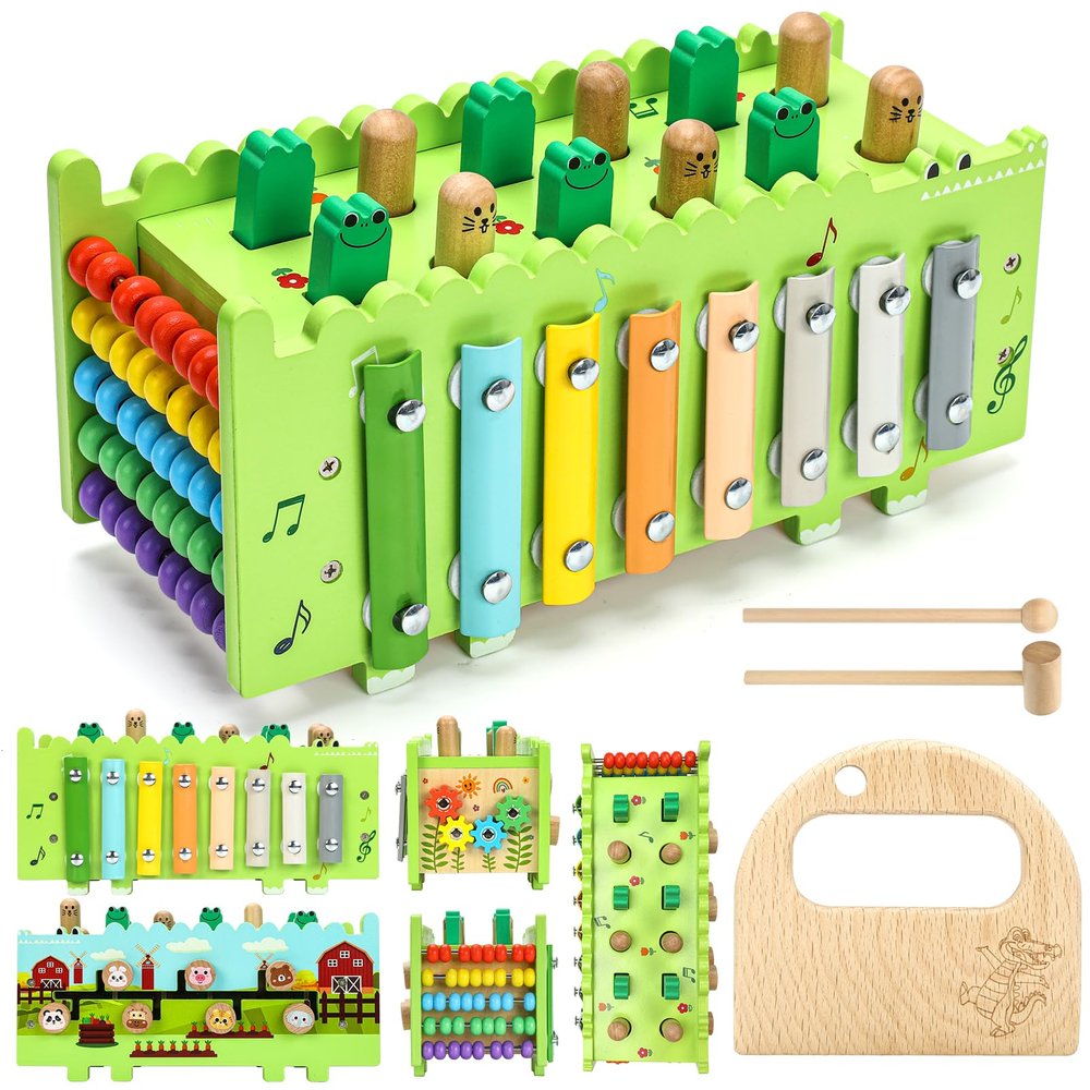 Bsrvtoyer Wooden Montessori Toys for 1 Year Old - Educational Learning Activity Cube for Baby Boys Girls Age 1 2 3 Year Old Hammering Pounding Toy with Xylophone & Abacus Game, Wood Toy Crocodile