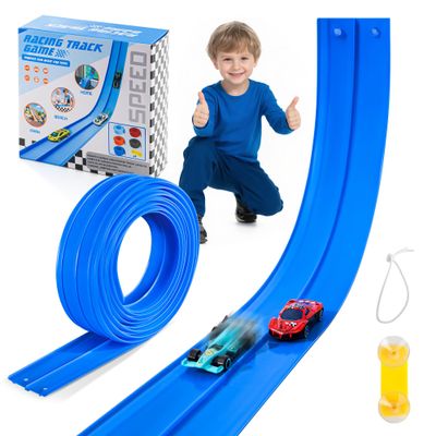 Nigwet Flexible Race Track for Kids - 15 Ft Flex Track Race Car Tracks with Car Ramp Toy, Fit for Monster Truck Track & Kids' Play Cars, Race Tracks for Toddlers 3+, Gifts for Boys Girls (Dark Blue)