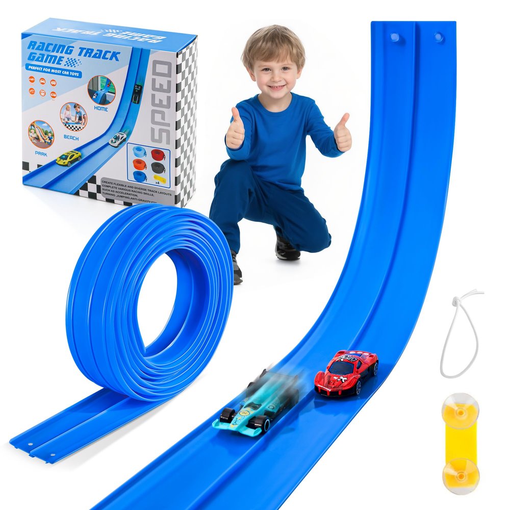 Nigwet Flexible Race Track for Kids - 15 Ft Flex Track Race Car Tracks with Car Ramp Toy, Fit for Monster Truck Track & Kids' Play Cars, Race Tracks for Toddlers 3+, Gifts for Boys Girls (Dark Blue)