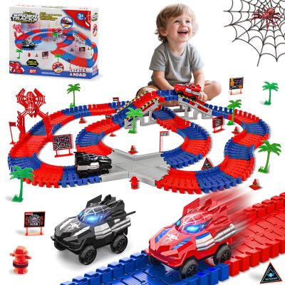 Spider Race Track Toys for Boys 4-6 - Monster Truck Toys for 3 4 5 6 7 8 Year Old Boys Girls, Toddler Tracks Playset with 2 Electric Spider Cars, Kids Christmas Birthday Gifts Age 3-4 3-5 6-8 (212PCS)