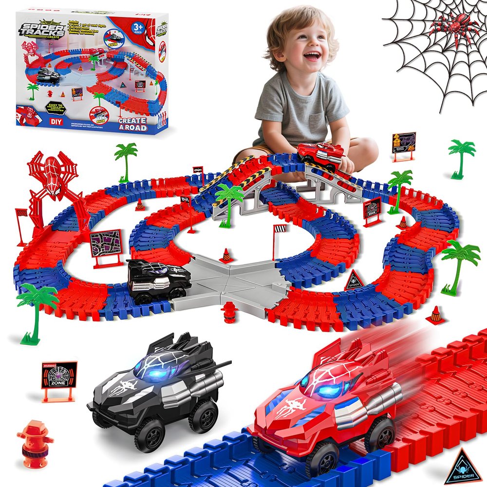 Spider Race Track Toys for Boys 4-6 - Monster Truck Toys for 3 4 5 6 7 8 Year Old Boys Girls, Toddler Tracks Playset with 2 Electric Spider Cars, Kids Christmas Birthday Gifts Age 3-4 3-5 6-8 (212PCS)