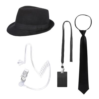 4PCS Agent Costume Accessories Secret Security Outfit Halloween Cosplay Hat Ties Fake Earpiece ID Card Party Props (Set 2)