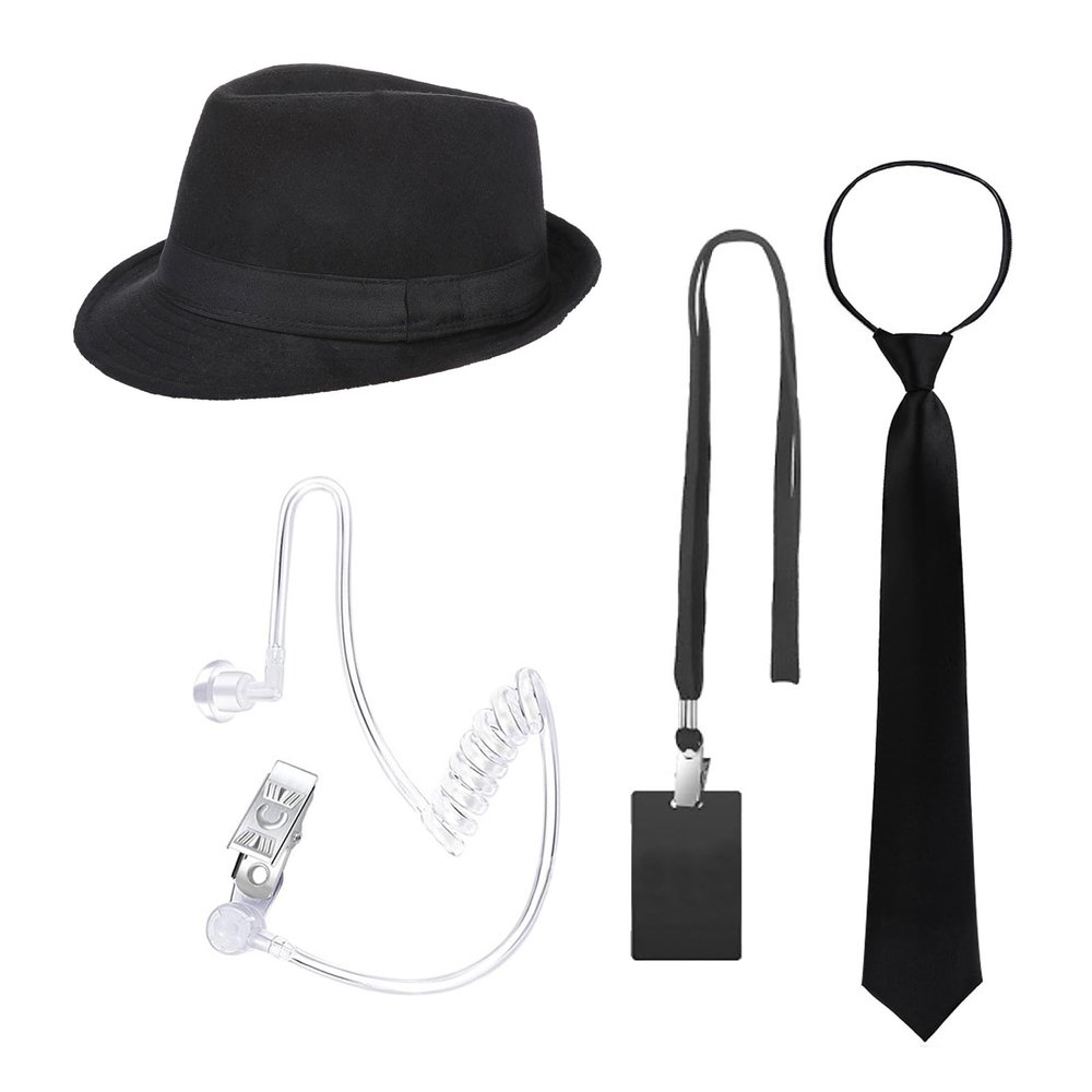 4PCS Agent Costume Accessories Secret Security Outfit Halloween Cosplay Hat Ties Fake Earpiece ID Card Party Props (Set 2)