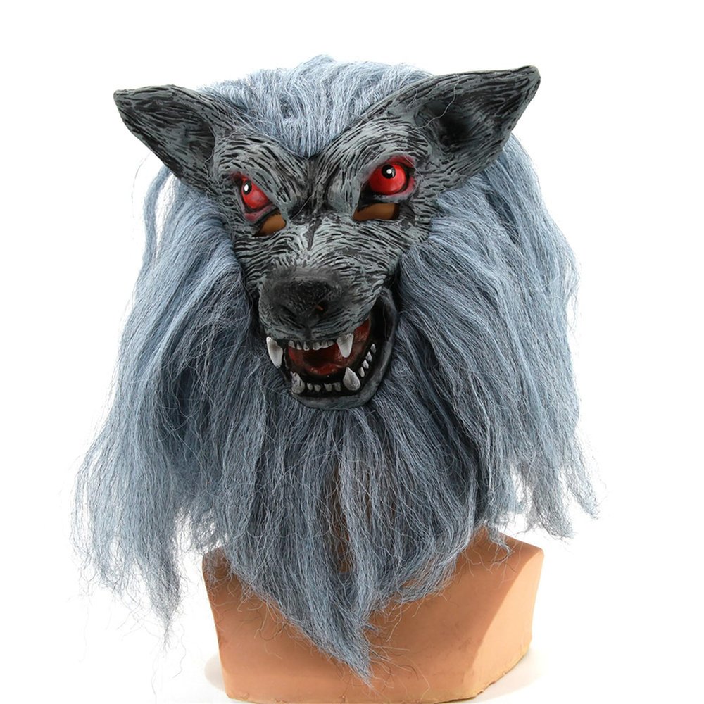 Halloween Hairy Wolf Head Mask,Werewolf Mask,Scary Horror Animal Mask for Halloween Carnival Costume Party (Grey)