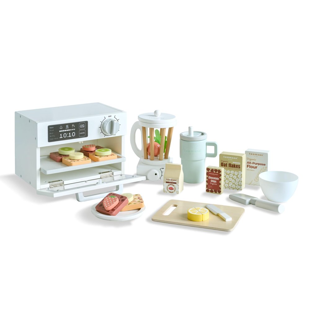 Teamson Kids Little Chef Santa Barbara Wooden Healthy Dessert Set - 27 Pieces Pretend Toy Food Accessories Plus Oven & Blender, Educational Role-Play for Kids Ages 3+, White