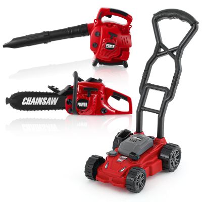 Arrowbash 3 Pcs Toy Gardening Tool Set for Kids Toy Leaf Blower Chainsaw Push Lawn Mower Pretend Set with Lights and Sounds Christmas Birthday Gifts for Boys Girls