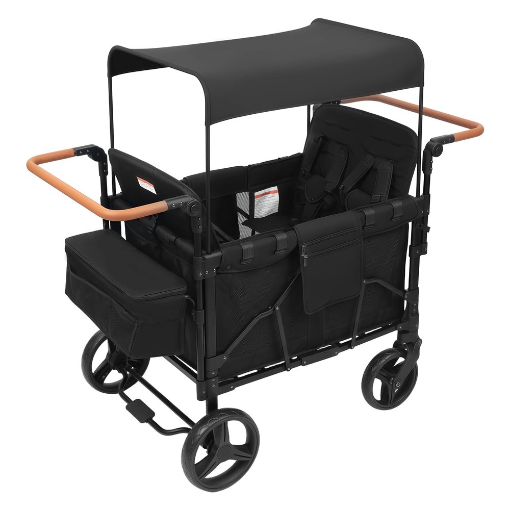 Lemoeyes Wagon Stroller for 4 Kids, Push Pull Collapsible Stroller with 5-Point Safety Harness & Removable Canopy, 4-Seater Stroller Wagon for 0-6 Years Kids, for Camping Shopping (Black, 4-Seater)