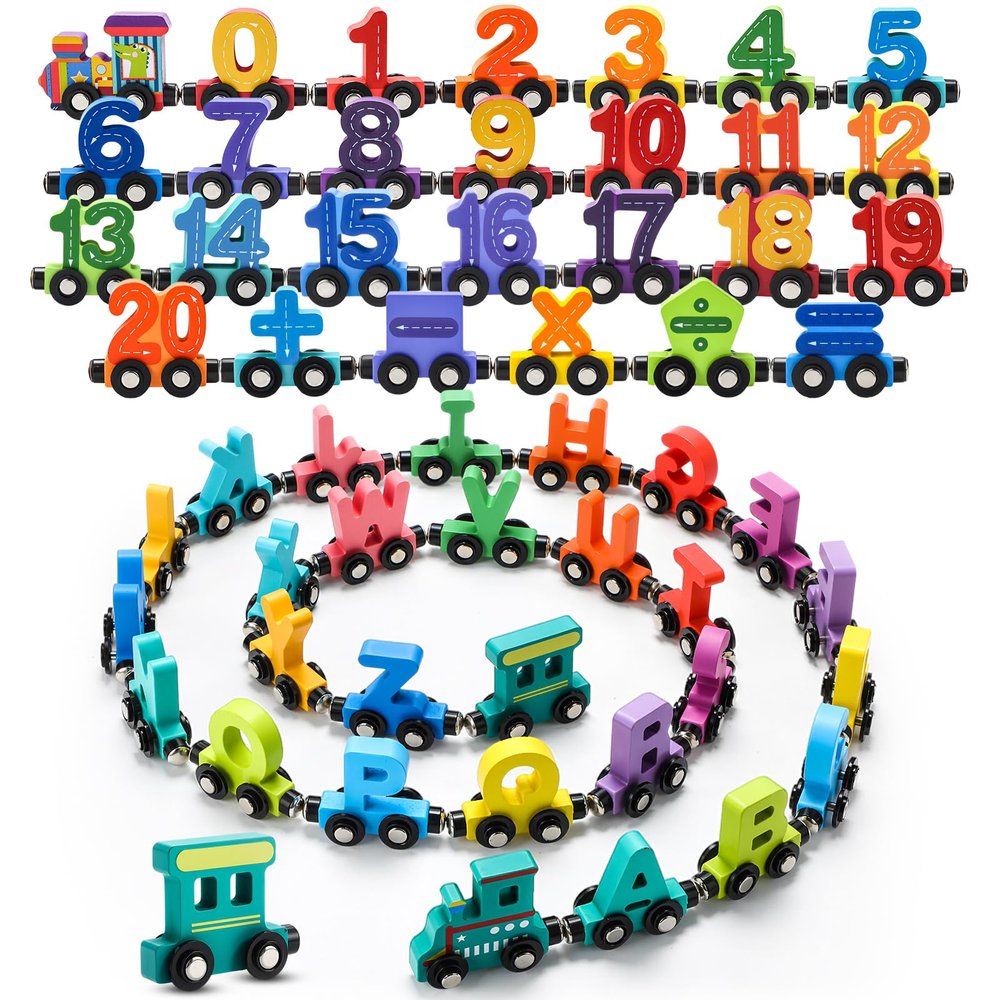 2 Sets/55 Pcs Magnetic Alphabet Number Train Set Montessori Toys for Toddlers Wooden Alphabet Number Preschool Learning Activities Educational Sensory Easter Basket Stuffers Birthday Gifts