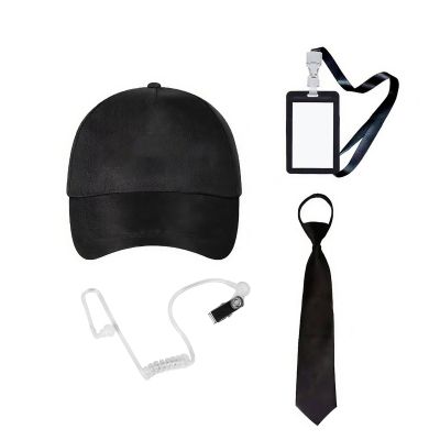 4PCS Agent Costume Accessories Secret Security Outfit Halloween Cosplay Hat Ties Fake Earpiece ID Card Party Props (Set 1)