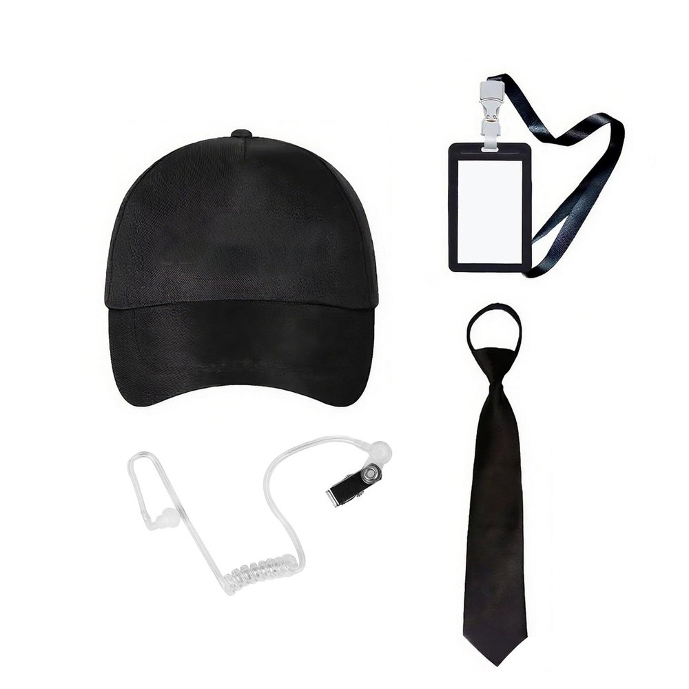 4PCS Agent Costume Accessories Secret Security Outfit Halloween Cosplay Hat Ties Fake Earpiece ID Card Party Props (Set 1)