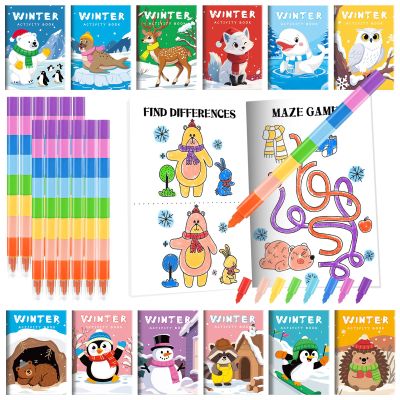 BenLouis 24 Winter Mini Activity Books with 24 Crayons for Kids ages 4-8-16 Holidays Party Favors Bulk Different Brain Game for Classroom Travel Craft Activities Penguins Goodie Bag Gift Stuffer