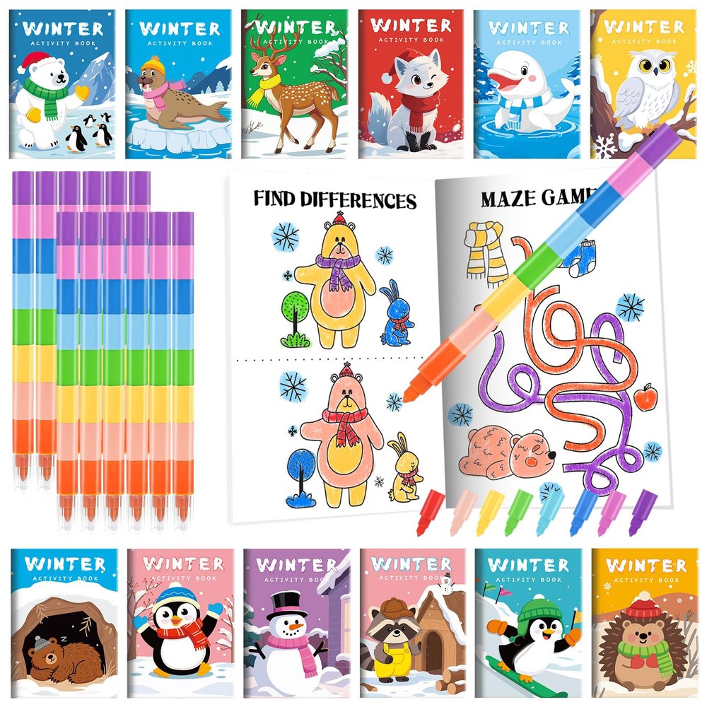 BenLouis 24 Winter Mini Activity Books with 24 Crayons for Kids ages 4-8-16 Holidays Party Favors Bulk Different Brain Game for Classroom Travel Craft Activities Penguins Goodie Bag Gift Stuffer