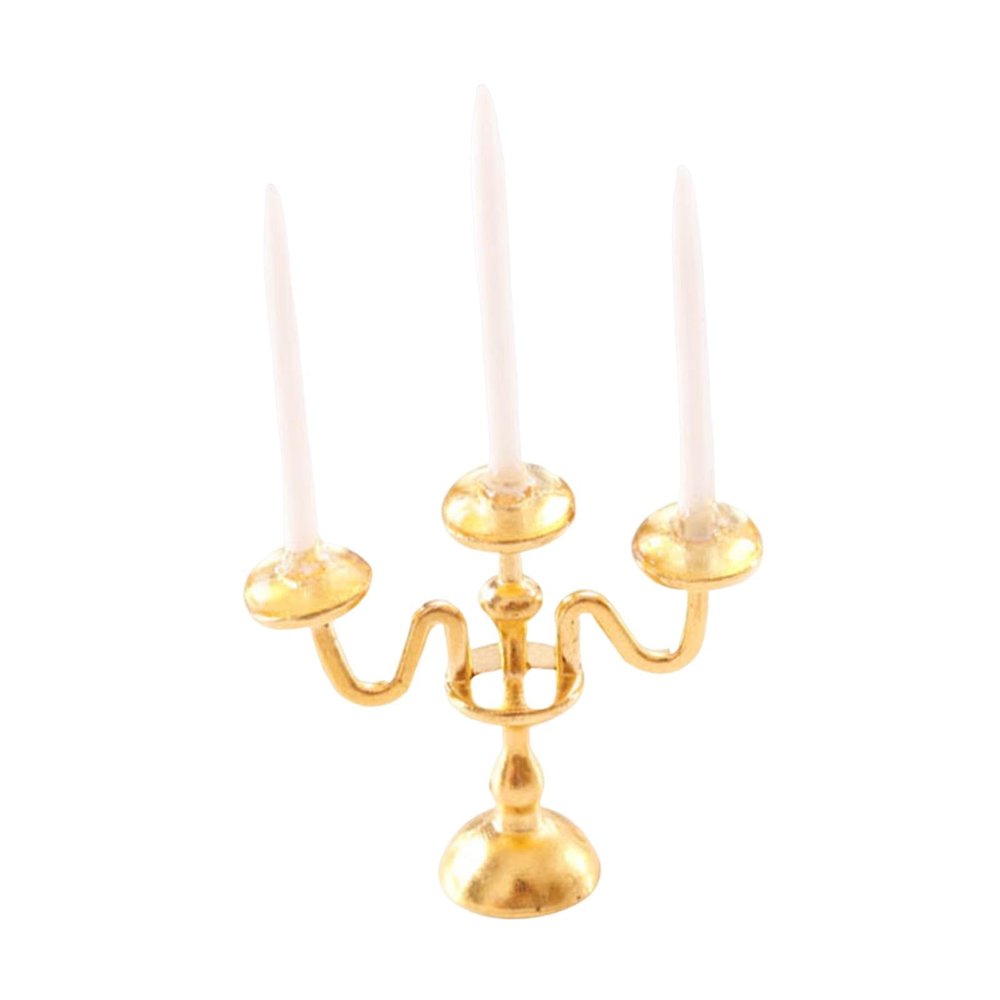 1:12 Scale Dollhouse Candle Holder Model Furniture for Kids Children Miniature Candelabra for Mantel Fireplace Shelf Bedroom, Gold and White