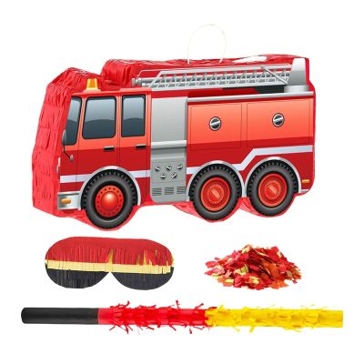 shamjina Fire Engine Pinata,Creative, Firetruck Birthday Party Supplies with Hanging Loop,Rod Blindfold and Confetti for Celebration