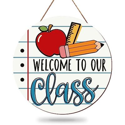10"X 10" Welcome Sign for Classroom Door Welcome to Our Classroom Wooden Hanging Sign Back to School Welcome Door Hanger with Apple Pen Ruler for School Classroom Porch Round Wooden Sign