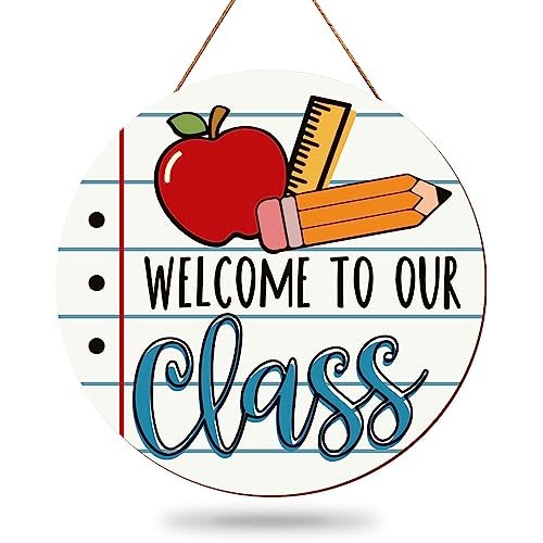 10"X 10" Welcome Sign for Classroom Door Welcome to Our Classroom Wooden Hanging Sign Back to School Welcome Door Hanger with Apple Pen Ruler for School Classroom Porch Round Wooden Sign