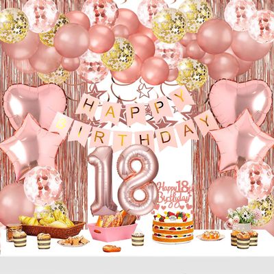 18th Birthday Decorations for Girls, Pink Rose Gold Happy 18 Birthday Banner Backdrop Balloons Table Cake Topper Honeycomb Centerpieces Hanging Swirls Paper Party Supplies