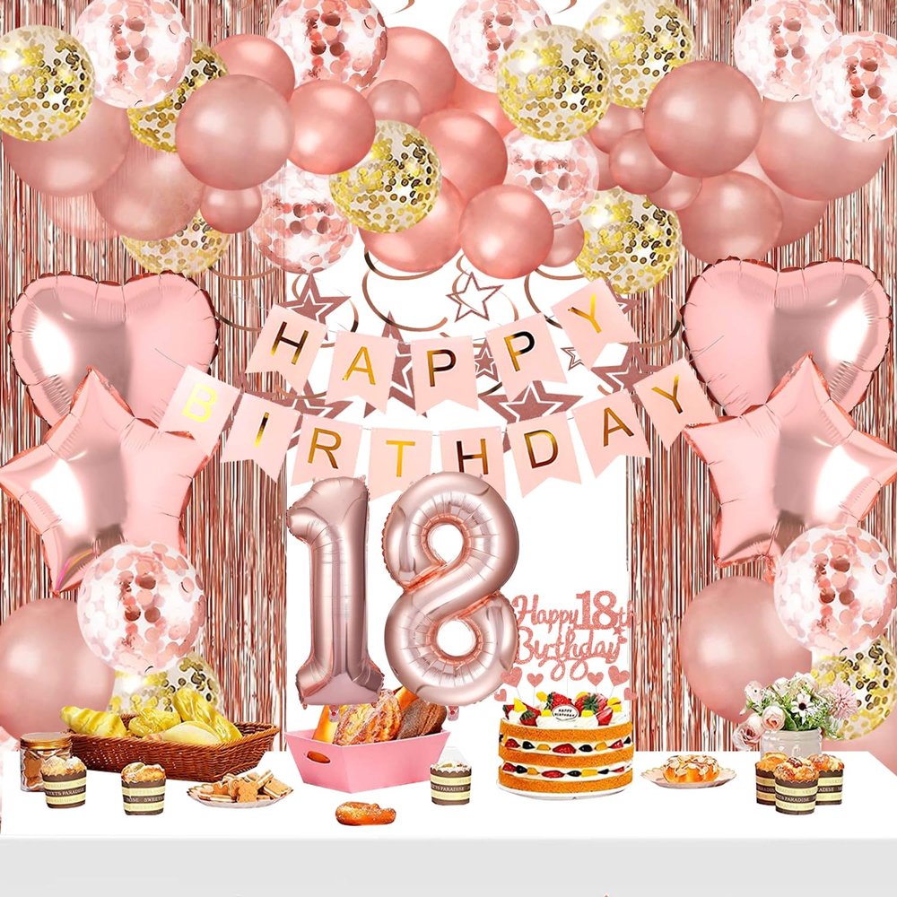 18th Birthday Decorations for Girls, Pink Rose Gold Happy 18 Birthday Banner Backdrop Balloons Table Cake Topper Honeycomb Centerpieces Hanging Swirls Paper Party Supplies
