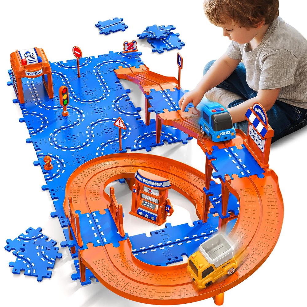 Toddler Toys for 3 4 5 6 Year Old Boys Kids Girls, 59 Pcs Puzzle Track Car Set for Kids Boys Toddlers 3-5 4-6, 3-Tier Puzzle Race Tracks Car Toys Set, Race Track Birthday for Toddlers