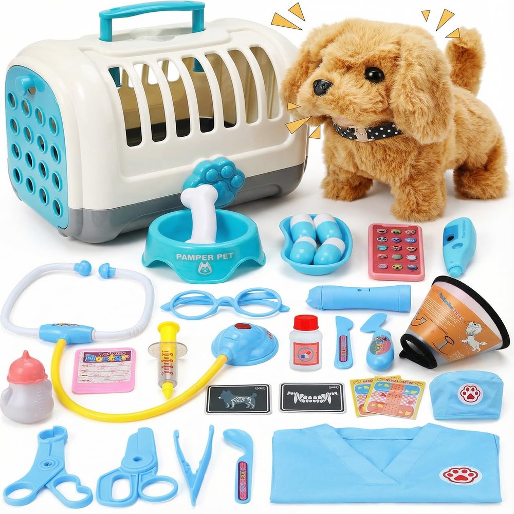 GDUNDUNL Toy Doctor Kit for Toddlers 3-5, Blue Pretend Play Boys Girls Toys with Electronic Interactive Dog, Stethoscope & Dress Up Costume, Educational Vet Role Playset Gift for Kids Ages 3 4 5
