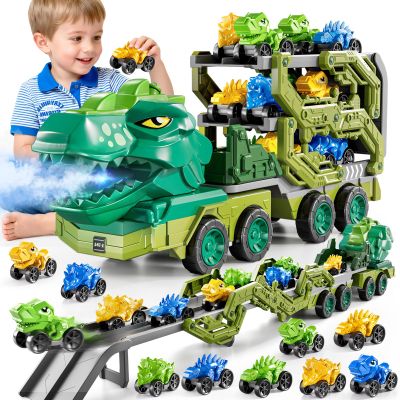 DULONIME 10 in 1 Dinosaur Truck Toys for Kids Aged 3-5 4-8 with Foldable Race Track, Carrier Truck with 9 Dinosaur Toy Cars for Boys, Spraying, Light and Sound, Birthday Gifts for Girls Toddlers 5-7