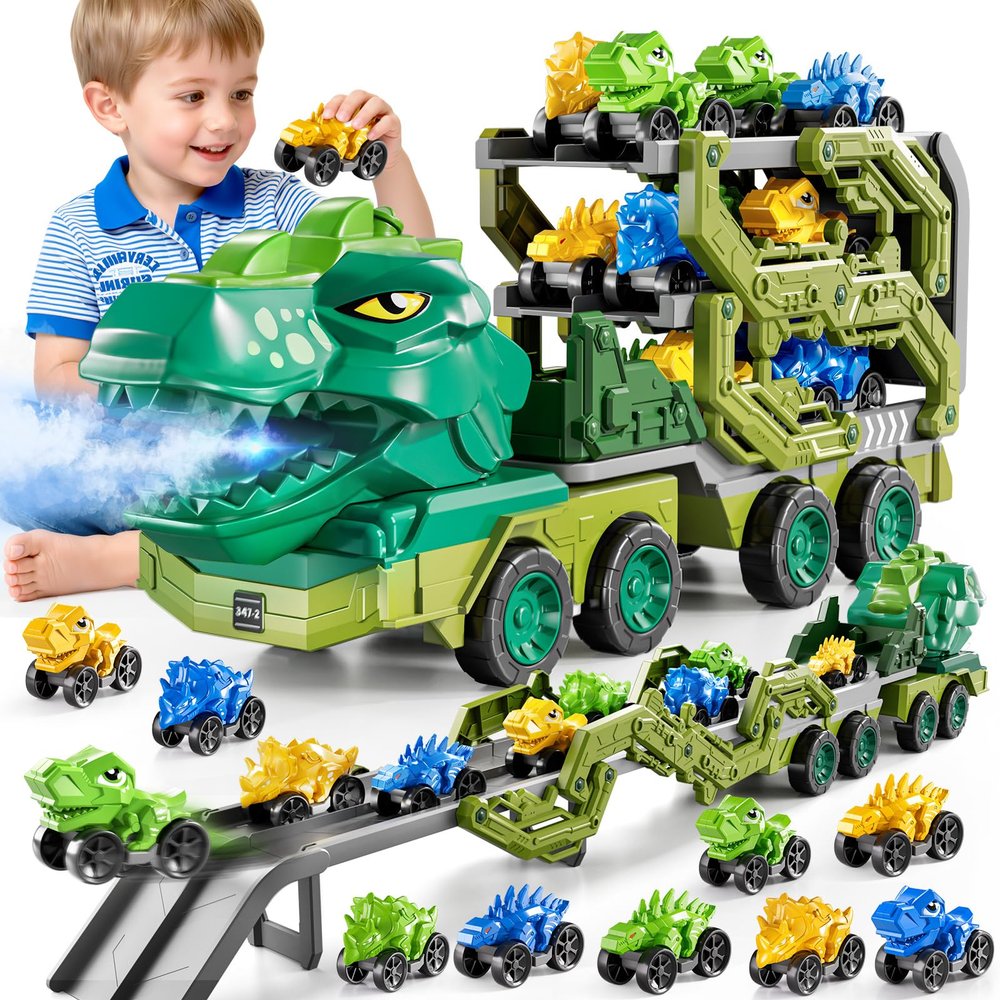 DULONIME 10 in 1 Dinosaur Truck Toys for Kids Aged 3-5 4-8 with Foldable Race Track, Carrier Truck with 9 Dinosaur Toy Cars for Boys, Spraying, Light and Sound, Birthday Gifts for Girls Toddlers 5-7