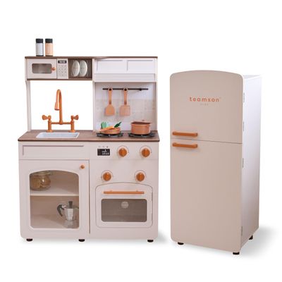 Teamson Kids Little Chef Normandy Wooden Play Kitchen Set with Sink Oven Modular Fridge & 14 Accessories for Toddlers & Kids 3+ Pretend Cooking Playset Large Vintage Style Off White