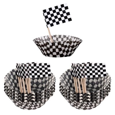 100Pcs Checkered Flag Cupcake Toppers and 100Pcs Checkered Cupcake Liners Wrappers, Race Car Party Cake Decorations