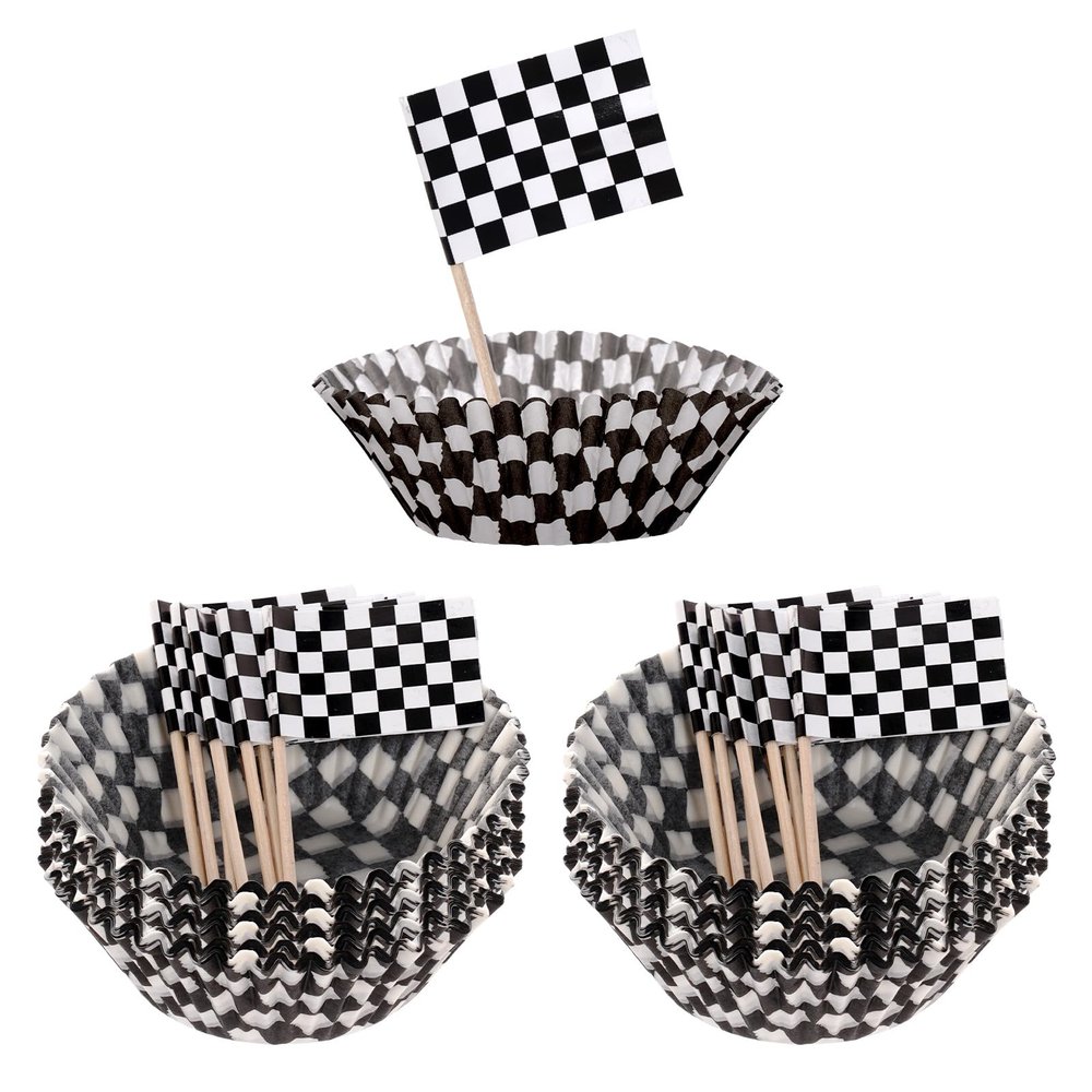 100Pcs Checkered Flag Cupcake Toppers and 100Pcs Checkered Cupcake Liners Wrappers, Race Car Party Cake Decorations