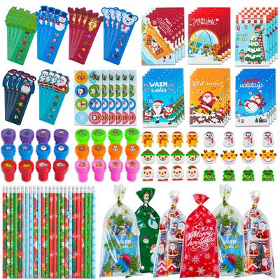 Budbof 168 Pcs Christmas Party Favors for Kids Bulk, 24-Pack School Stationery Set with Notebook Pencils Erasers Rulers Treat Bags for Classroom Gift Exchange Students Prizes Reward