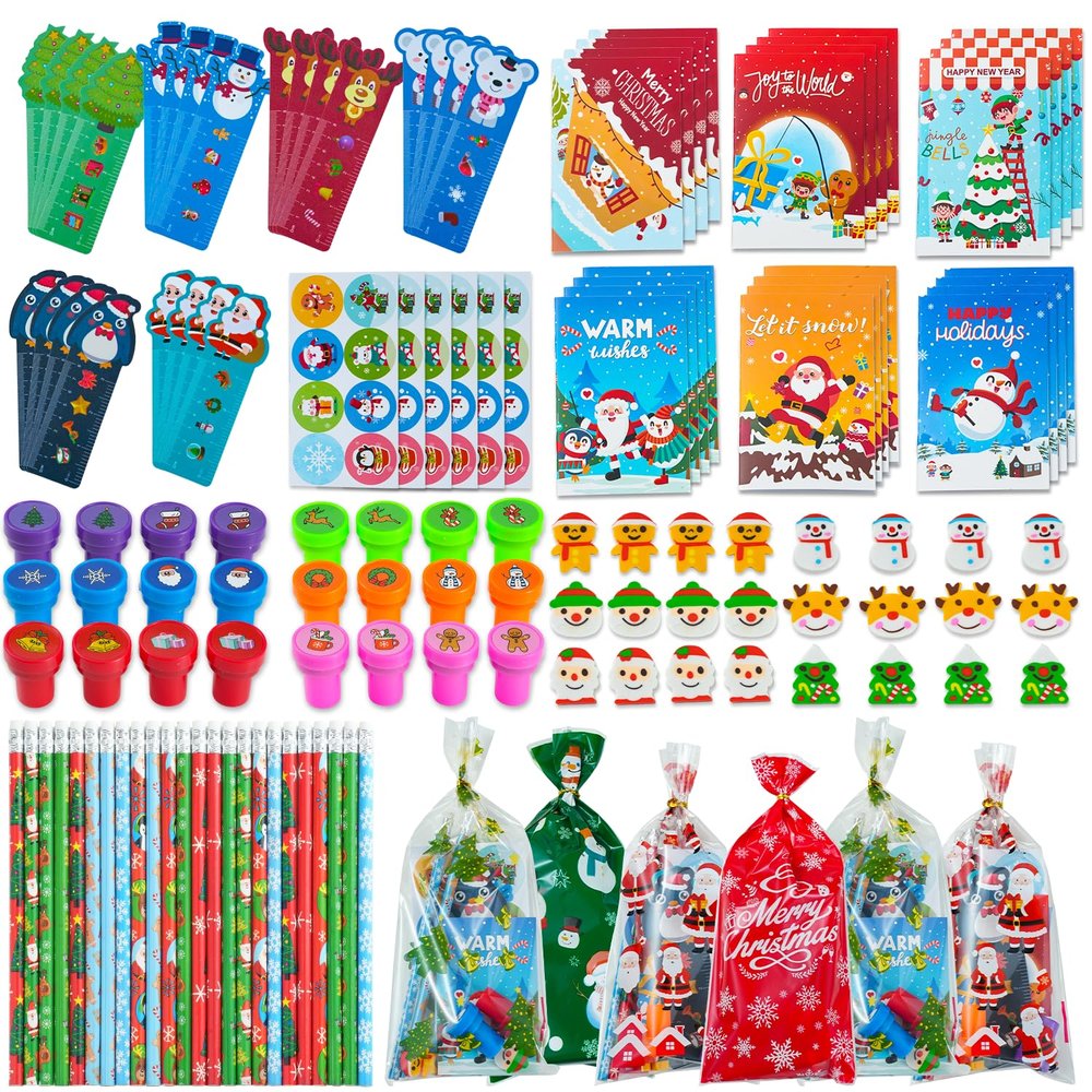 Budbof 168 Pcs Christmas Party Favors for Kids Bulk, 24-Pack School Stationery Set with Notebook Pencils Erasers Rulers Treat Bags for Classroom Gift Exchange Students Prizes Reward