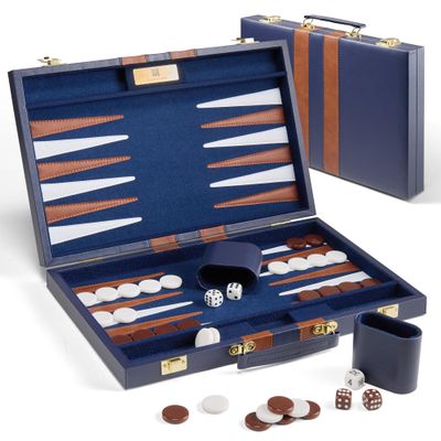 15 inch Backgammon Sets for Adults - Classic Board Game with Premium Sea Blue Leather Case - Travel Backgammon Set for 2 Players - Portable Strategy Board Games for Gifts & Family Fun