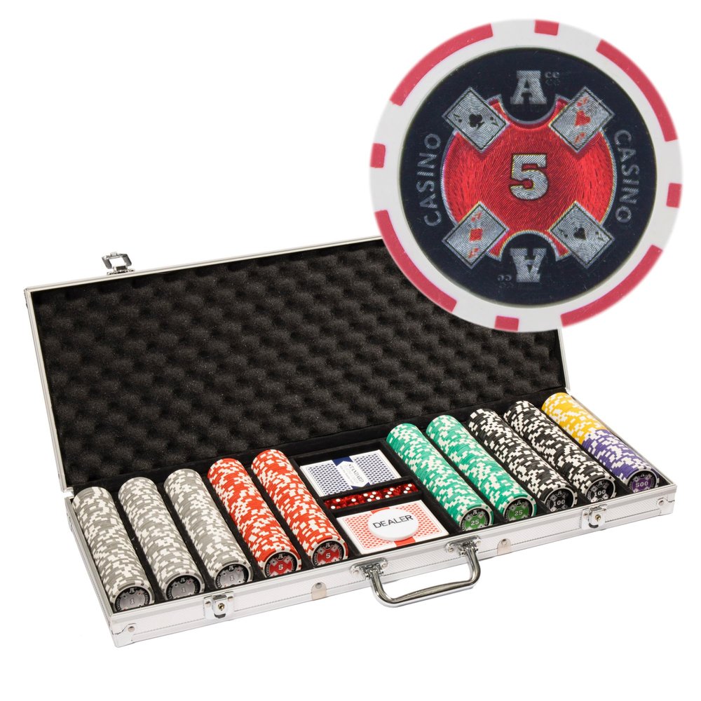 Playzaic 500-piece Aluminum Ace Casino Poker Chip Case - 14-gram Heavy Clay Composite Set - Casino Chips for Texas Holdem, Blackjack - Betting Game Accessories