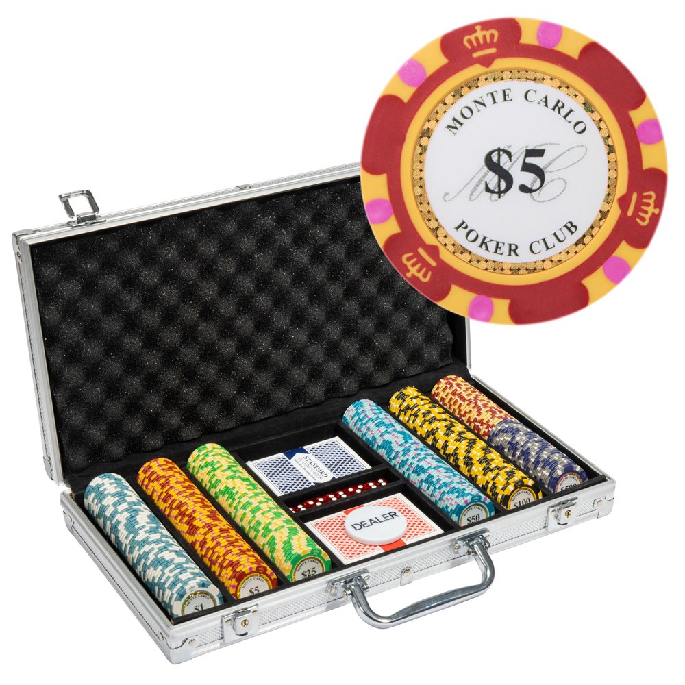Playzaic 300-piece Aluminum Monte Carlo Poker Chip Case - 13.5-gram Heavy Clay Composite Set - Casino Chips for Texas Holdem, Blackjack - Betting Game Accessories