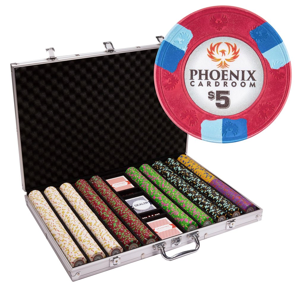 Playzaic 1000-piece Aluminum Phoenix Poker Chip Case - 10-gram Real Clay Set - Casino Chips for Texas Holdem, Blackjack - Betting Game Accessories