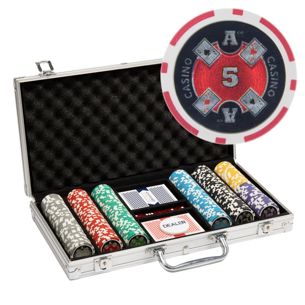Playzaic 300-piece Aluminum Ace Casino Poker Chip Case - 14-gram Heavy Clay Composite Set - Casino Chips for Texas Holdem, Blackjack - Betting Game Accessories