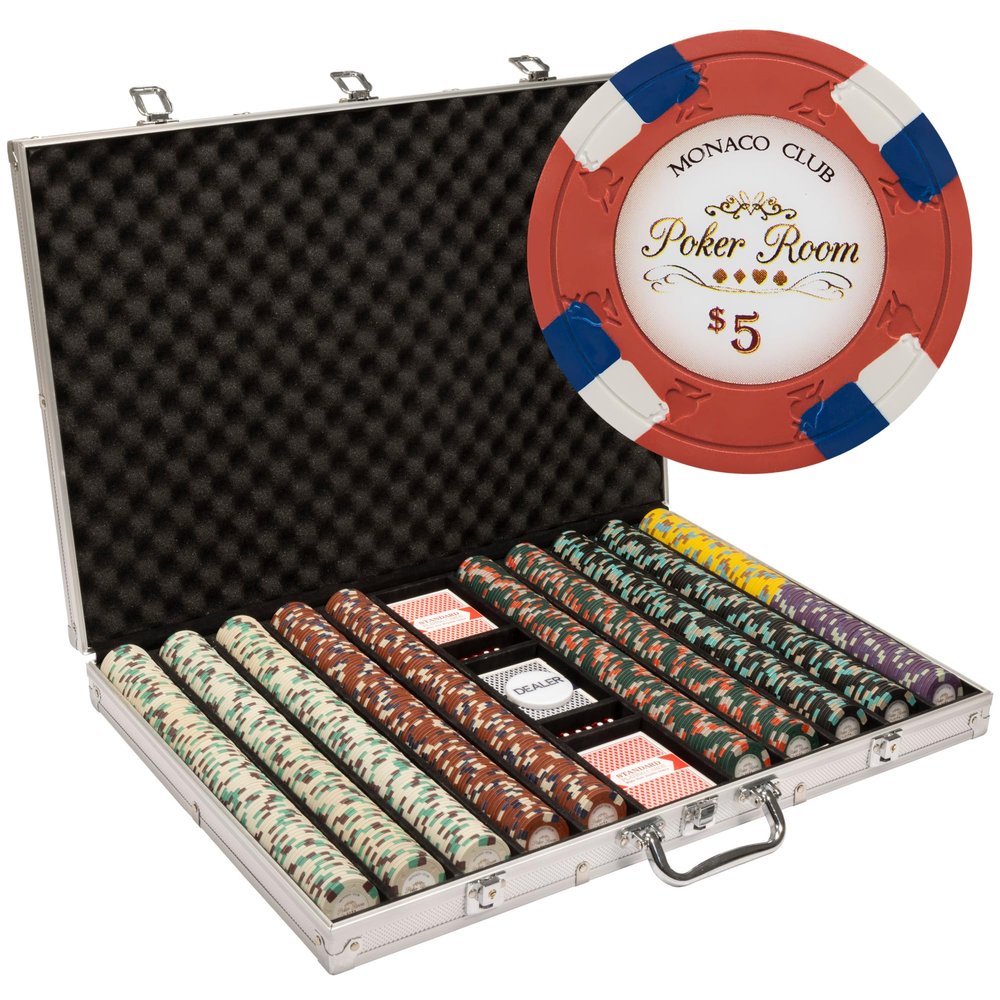 Playzaic 1000-piece Aluminum Monaco Club Poker Chip Case - 13.5-gram Heavy Clay Composite Set - Casino Chips for Texas Holdem, Blackjack - Betting Game Accessories