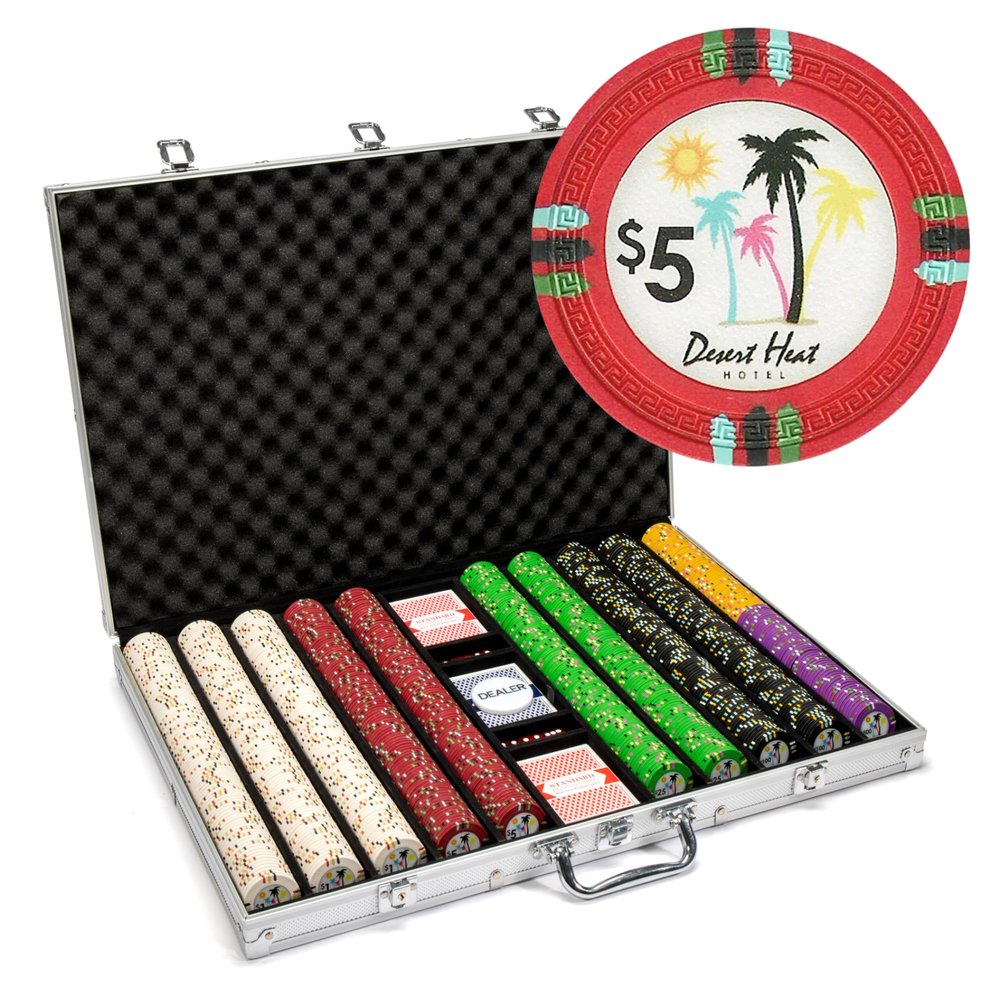 Playzaic 1000-piece Aluminum Desert Heat Poker Chip Case - 13.5-gram Heavy Clay Composite Set - Casino Chips for Texas Holdem, Blackjack - Betting Game Accessories