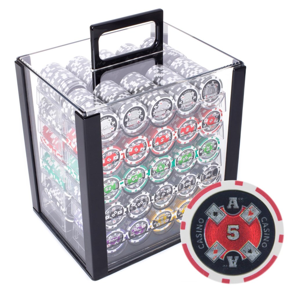 Playzaic 1000-piece Acrylic Ace Casino Poker Chip Case - 14-gram Heavy Clay Composite Set - Casino Chips for Texas Holdem, Blackjack - Betting Game Accessories
