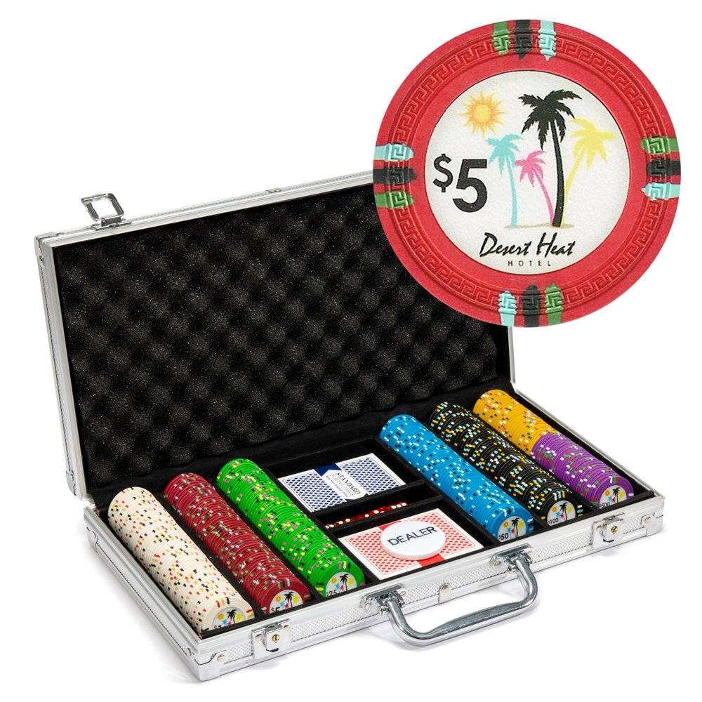 Playzaic 300-piece Aluminum Desert Heat Poker Chip Case - 13.5-gram Heavy Clay Composite Set - Casino Chips for Texas Holdem, Blackjack - Betting Game Accessories