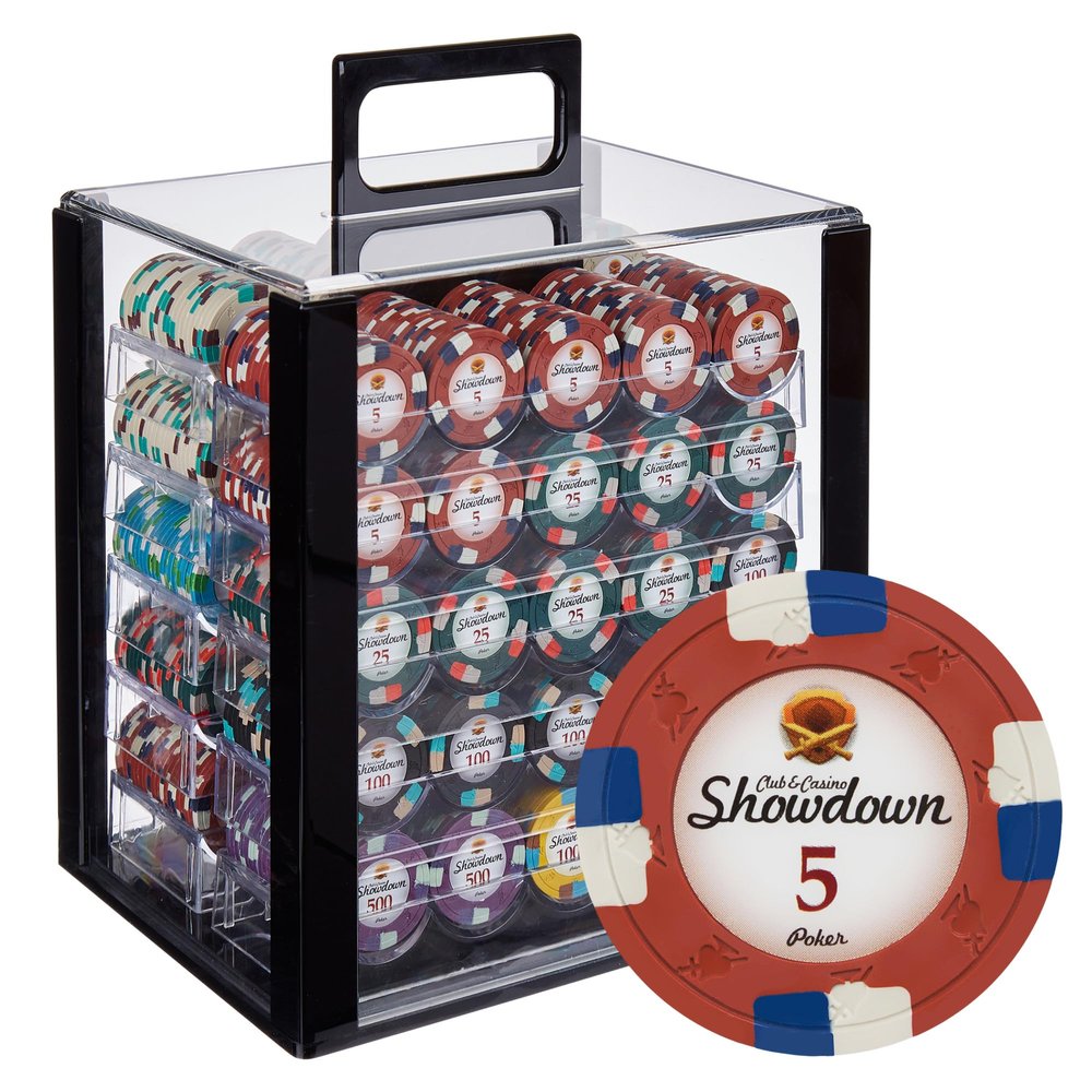 Playzaic 1000-piece Acrylic Showdown Poker Chip Case - 13.5-gram Heavy Clay Composite Set - Casino Chips for Texas Holdem, Blackjack - Betting Game Accessories
