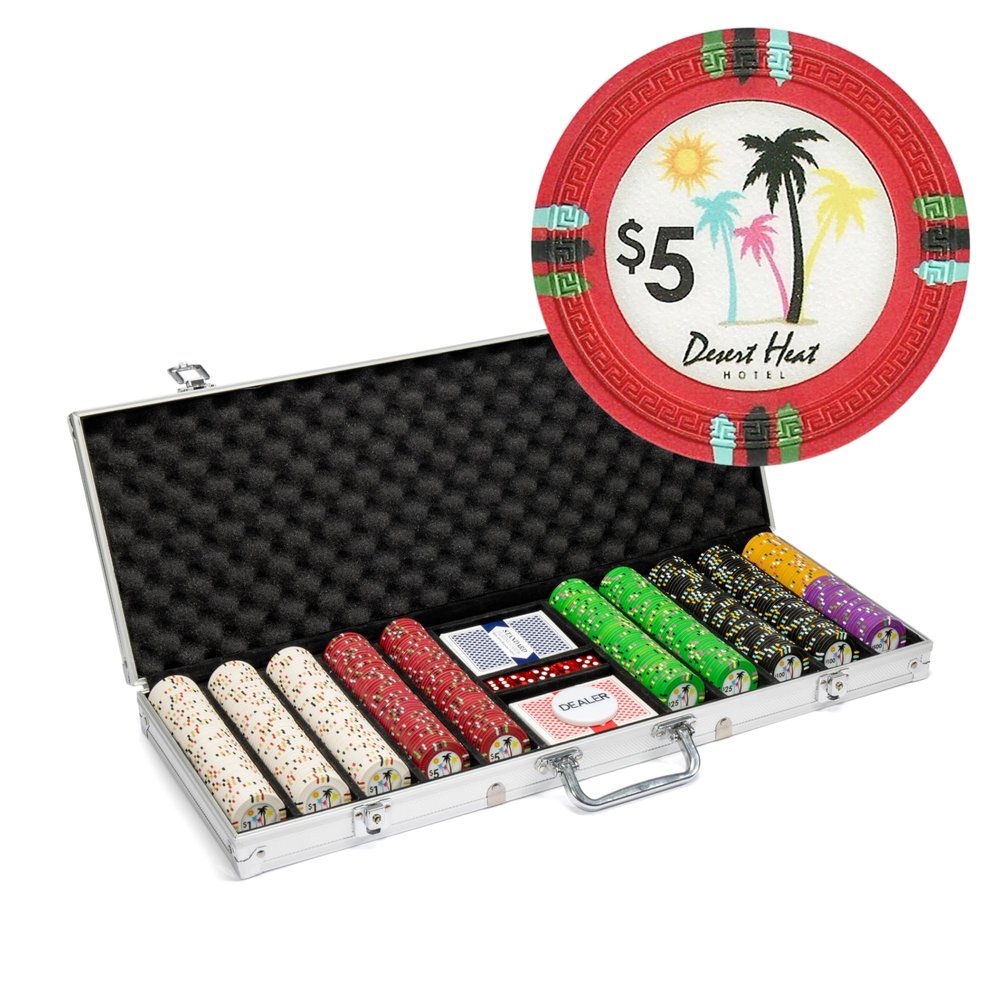 Playzaic 500-piece Aluminum Desert Heat Poker Chip Case - 13.5-gram Heavy Clay Composite Set - Casino Chips for Texas Holdem, Blackjack - Betting Game Accessories
