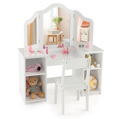 Pemberly Row Vanity Desk and Chair Set, Safe White MDF, Tri-Fold Mirror, Ergonomic Kids Seat, 2-in-1 Makeup and Writing Desk, Rounded Edges, Anti-Slip Feet, Storage Compartments for Ages 3+